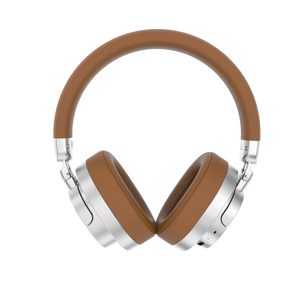 Groove Studio Brown headphones, front view showing the control buttons on the base of the earcup
