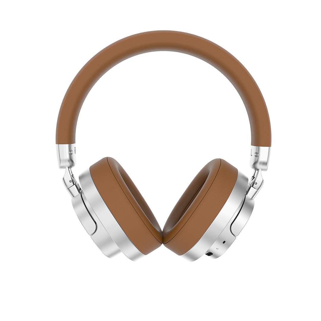 Groove Studio Brown headphones, front view showing the control buttons on the base of the earcup