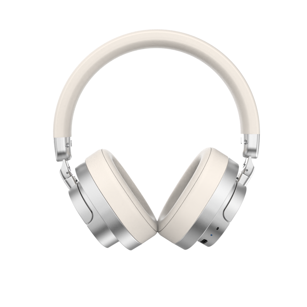 Groove Studio wireless over-ear headphones in White with silver accents, front view with headband arched