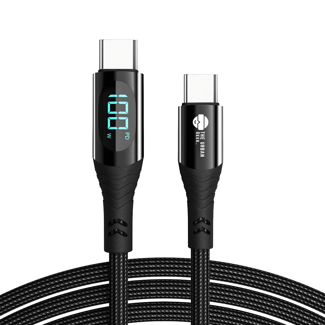 USB-C Fast Charging and Data Cable (100W / 140W) | Link Core |Black charging cable with digital display on a white background