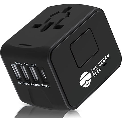PowerPort Travel - Black international travel adapter with multiple ports and 'The Urban Geek' branding on a white background